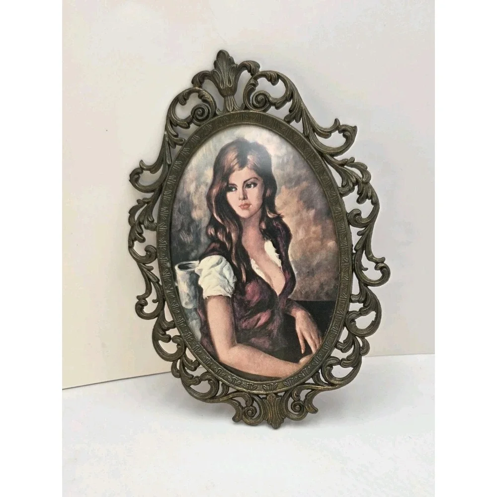 VTG Italian Florentine Brass Frame Portrait Lady Oval‎ Gallery Wall Art 8